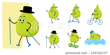 Cute pear character. sport - cycling, nordic walking, scooter, skateboard, swimming, 126588137
