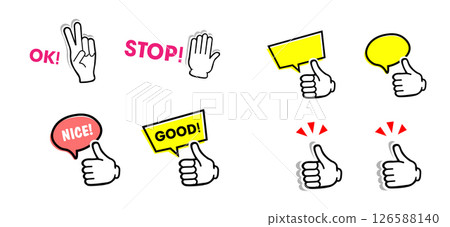 Speech bubble. Up hand white. Gesture. red, yellow bubble. Up, stop - bubble. 126588140