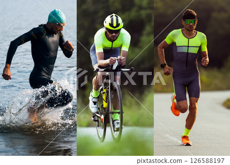 Composite collage. Male athlete performing three triathlon stages, swimming in lake, cycling road bike and sprinting on track. 126588197