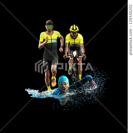 Compositional collage. Male triathlete swimming, cycling and running in bright yellow gear on black background, frozen in dynamic motion. Compositional collage. Male triathlete swimming, cycling and running in bright yellow gear on black background, frozen in dynamic motion. 126588202
