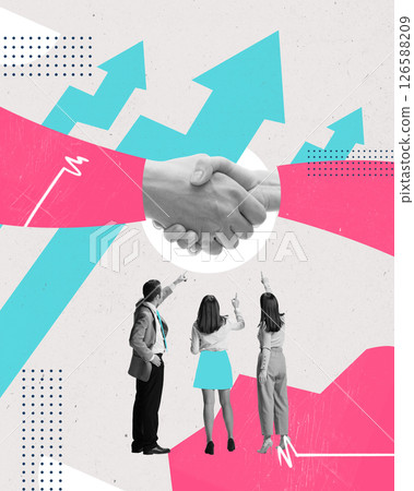 Creative art design. Handshake with rising chart arrows in background, symbolizing business growth and strategic success. 126588209