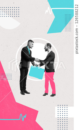 Contemporary art collage. Warm welcome handshake for new team member, surrounded by abstract vibrant symbols. 126588212