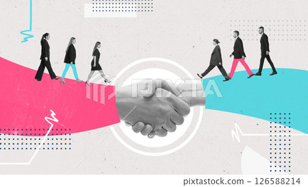 Contemporary art collage. Handshake forms symbolic bridge, walked across by unified team, symbol of partnership as foundation for progress. 126588214