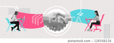 Banner. Surreal art collage. Handshake through screen represents digital partnership in remote work setting, with virtual team connected Banner. Surreal art collage. Handshake through screen represents digital partnership in remote work setting, with virtual team connected 126588216