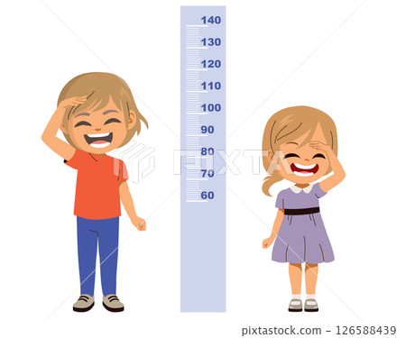 Boy and Girl Measuring Height Growth Chart Cartoon Vector Illustration 126588439