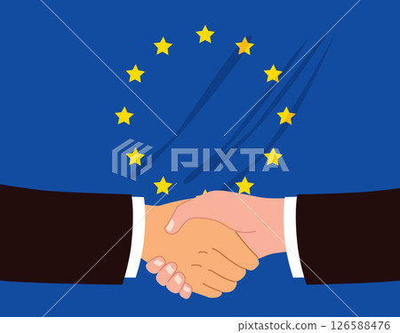 Handshake Over European Flag International Business Cartoon Vector Illustration 126588476