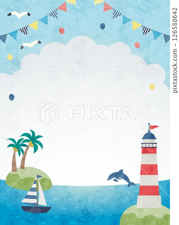 大海和天空的夏季水彩背景圖 126588642