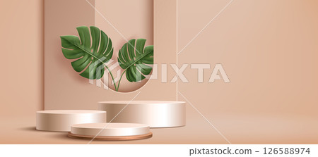 Luxury podium display with green monstera leaf Luxury podium display with green monstera leaf 126588974