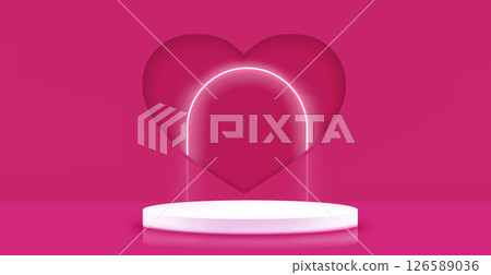 Neon pink arch in heart shape over podium stage 126589036