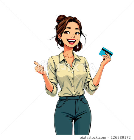 Vsai happy young woman holding credit card and making thumb up sign 126589172