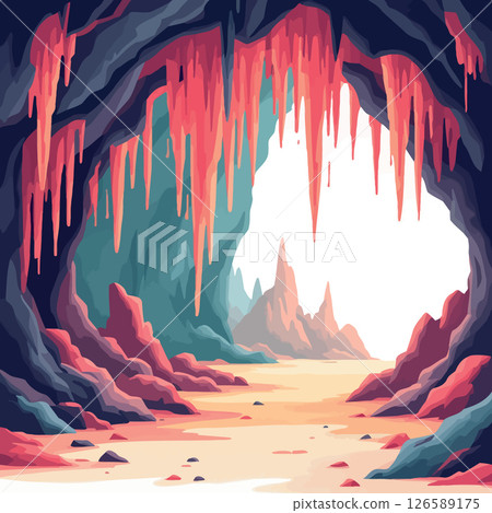 Vsai colorful cave entrance with stalactites leading to mountain valley 126589175
