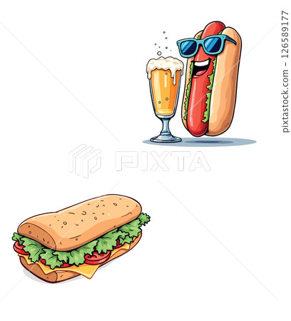Vsai funny hot dog wearing sunglasses drinking beer and sandwich vector illustration 126589177