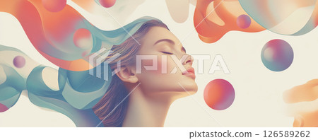 Serene Woman with Abstract Flowing Elements in a Dreamlike Scene 126589262