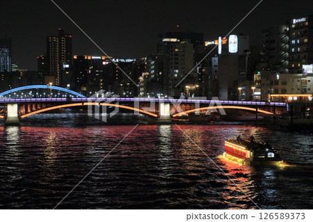 Illuminated Azumabashi Bridge and Komagatabashi Bridge Illuminated bridges and night view of the Sumida River 126589373