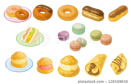 Sweets illustration set 1 | Cute sweets such as donuts, eclairs, macarons, etc. 126589630