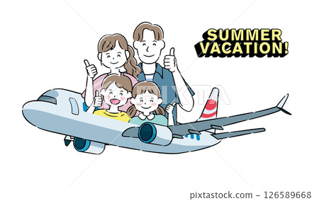 Illustration of a family going on a summer trip by plane 4C Illustration of a family going on a summer trip by plane 4C 126589668