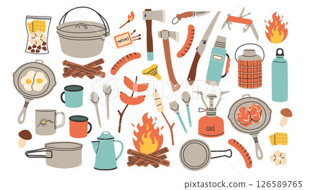 Camping food set. Summer travel and picnic stuff. Tourism and adventure accessories. Campfire, marshmallow, sausage, pan, thermos and mug. Flat graphic vector illustration isolated on white background 126589765