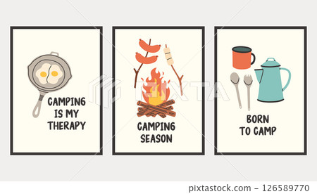 Vertical simple camping poster set. Summer outdoor activity brochure with hiking and camping logo, nature recreation concept. Flyer banner for forest adventure, summer travel camp illustration. Vertical simple camping poster set. Summer outdoor activity brochure with hiking and camping logo, nature recreation concept. Flyer banner for forest adventure, summer travel camp illustration. 126589770