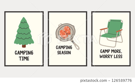 Vertical simple camping poster set. Summer outdoor activity brochure with hiking and camping logo, nature recreation concept. Flyer banner for forest adventure, summer travel camp illustration. Vertical simple camping poster set. Summer outdoor activity brochure with hiking and camping logo, nature recreation concept. Flyer banner for forest adventure, summer travel camp illustration. 126589776