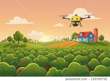 Yellow cartoon drone with camera flies over green bush field with red ladybug 126589792