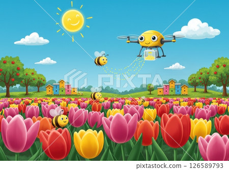 Yellow cartoon drone with eye carries box over colorful tulip field 126589793