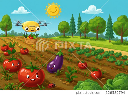 cartoon drone carries basket of tomato and pepper over field of smiling tomato, eggplant, cabbage 126589794