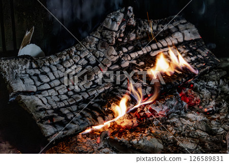 Fire in a fireplace in the living room 126589831