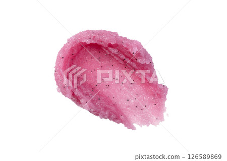 Smear texture of pink raspberry scrub isolated on white background. Fruit exfoliation scrubber for body and face in SPA. Body care scrub for design. 126589869