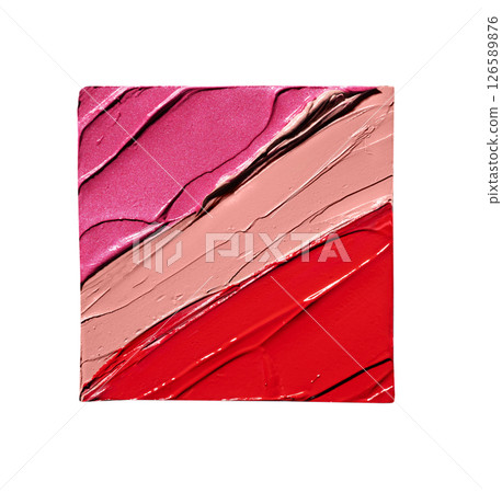 Rich various lipstick texture with smooth application and glossy finish for beauty and cosmetic themes isolated on white background. Red and pink lipstick background. 126589876