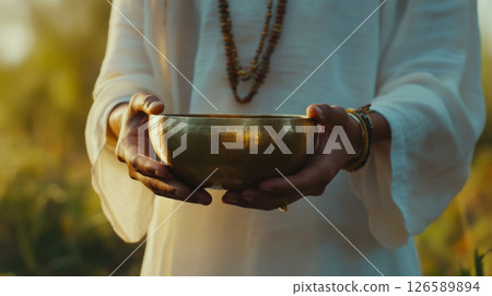 Hands Holding a Singing Bowl in a Peaceful Outdoor Setting 126589894