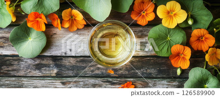 Herbal Nasturtium Tea in a Glass Cup on Rustic Wooden Surface 126589900