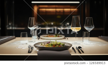 Futuristic Dining Table with Elegant Meal and Wine Glasses Futuristic Dining Table with Elegant Meal and Wine Glasses 126589913