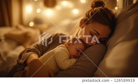 eaceful Moment of Mother and Baby Sleeping Together 126589919