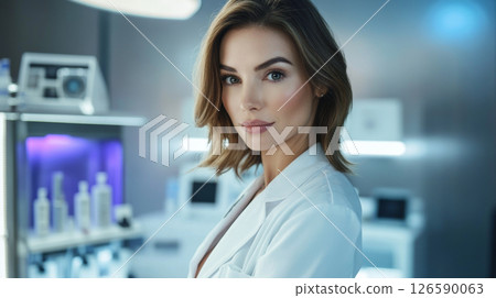 Confident Female Aesthetician in Modern Skincare Clinic 126590063