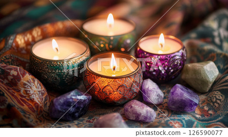 Cozy Candlelight with Crystals and Ornate Holders Cozy Candlelight with Crystals and Ornate Holders 126590077