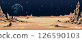 Alien Planet Landscape - Vector Sci-Fi Desert Background with Stars and Craters Alien Planet Landscape - Vector Sci-Fi Desert Background with Stars and Craters 126590103