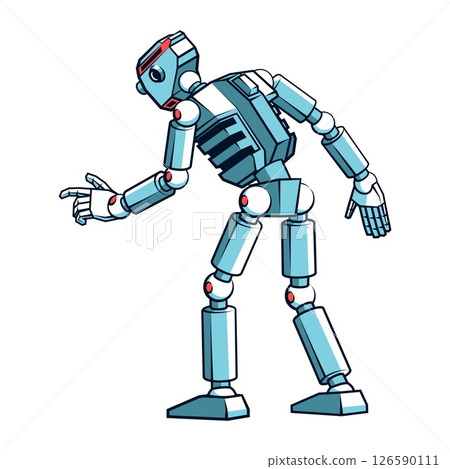 Robot shown from the back, pressing something with its finger. 126590111