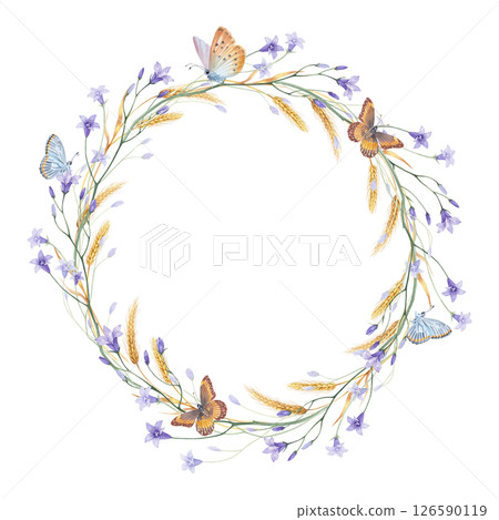 A wreath of bluebells, wheat and butterflies. watercolor illustration A wreath of bluebells, wheat and butterflies. watercolor illustration 126590119