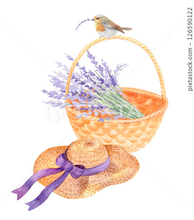 Watercolor basket with lavender bouquet, straw hat with a ribbon and bird 126590122