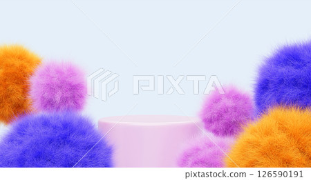 Pink cylinder podium with color fur fluffy balls. 3d render of round product presentation platform, flying cute soft plush spheres with hairy texture, cosmetics or holiday sale banner. 3D illustration Pink cylinder podium with color fur fluffy balls. 3d render of round product presentation platform, flying cute soft plush spheres with hairy texture, cosmetics or holiday sale banner. 3D illustration 126590191