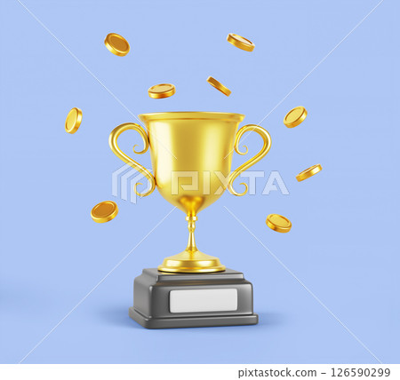 3d cup with flying gold coins. Golden trophy on pedestal with nameplate, isolated shiny metal goblet. Award prize for victory in business or sport competition, cartoon render icon. 3D illustration 126590299