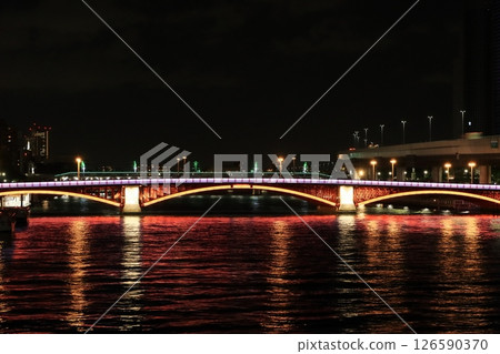 Illuminated Azumabashi Bridge Illuminated bridge and night view of the Sumida River 126590370