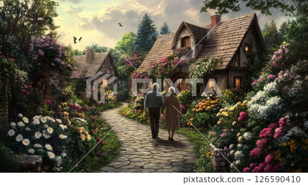 Elderly Couple Walking Hand in Hand in a Charming Floral Village 126590410