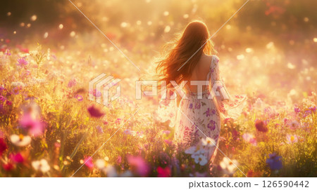 Woman in Floral Dress Walking Through Wildflower Field 126590442