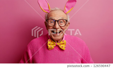 Elderly Man in Bunny Ears Laughing on Pink Background 126590447