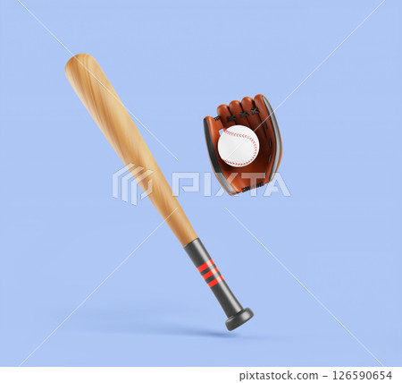 3d wooden baseball bit with ball and leather fielding glove. Sport game equipment with brown wood texture, white softball and infield mitt isolated on blue background, render icon set. 3D illustration 3d wooden baseball bit with ball and leather fielding glove. Sport game equipment with brown wood texture, white softball and infield mitt isolated on blue background, render icon set. 3D illustration 126590654