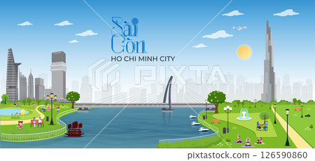 Ho Chi Minh city skyline vector with park and river Saigon Ho Chi Minh city skyline vector with park and river Saigon 126590860