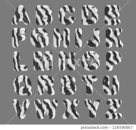 3d zebra alphabet with fur animal skin texture. Fluffy font letters with white black striped pattern. Soft plush safari type, cute jungle print, wool capital characters render set. 3D illustration 3d zebra alphabet with fur animal skin texture. Fluffy font letters with white black striped pattern. Soft plush safari type, cute jungle print, wool capital characters render set. 3D illustration 126590867