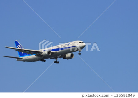 A passenger plane landing against the backdrop of a blue sky. An ANA plane on approach. 126591049