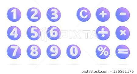 Glass hologram round calculator buttons 3d set. Numbers 0 to 9 and mathematics symbols. Plus, minus, multiply, divide, equal, percent sign for math school education, tax and finance. 3D illustration 126591176